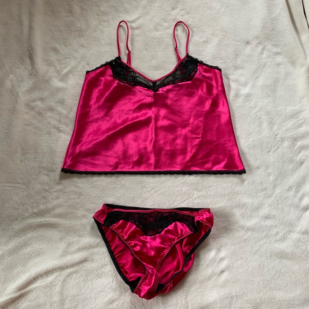 Hot Pink Satin & Black Lace Lingerie Pajama Set Camisole & Panty